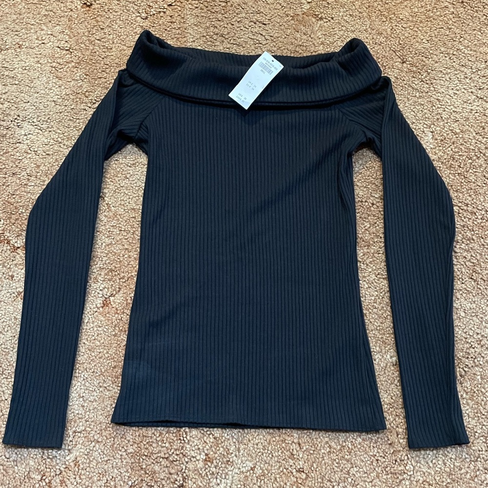 NWT Abercrombie & Fitch Off Shoulder Fold Over Black Ribbed Long Sleeve Top